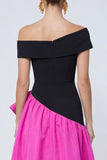 Off the Shoulder Ruffled Fuchsia and Black A Line Asymmetrical Satin Dress