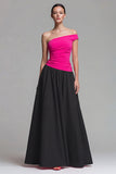 One Shoulder Fuchsia and Black Maxi A Line Dress
