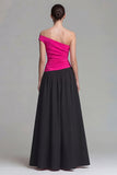 One Shoulder Fuchsia and Black Maxi A Line Dress