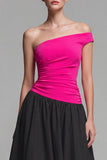 One Shoulder Fuchsia and Black Maxi A Line Dress
