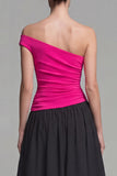One Shoulder Fuchsia and Black Maxi A Line Dress
