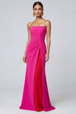 Strapless Fuchsia and Red Color Block Mermaid Ruched Long Satin Dress