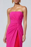 Strapless Fuchsia and Red Color Block Mermaid Ruched Long Satin Dress