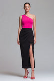 One Shoulder Fuchsia and Black Sheath Midi Dress with Slit