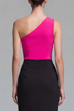 One Shoulder Fuchsia and Black Sheath Midi Dress with Slit