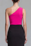 One Shoulder Fuchsia and Black Sheath Midi Dress with Slit