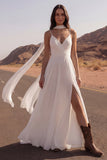 Spaghetti Straps A Line Ivory Maxi Beach Wedding Dress with Slit