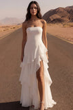 Strapless A Line Ivory Maxi Beach Wedding Dress with Ruffles