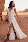 V-Neck A Line Ivory Maxi Ruffled Beach Wedding Dress with Slit