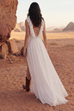 V-Neck A Line Ivory Maxi Ruffled Beach Wedding Dress with Slit