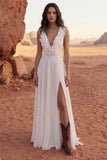 V-Neck A Line Ivory Maxi Ruffled Beach Wedding Dress with Slit