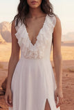 V-Neck A Line Ivory Maxi Ruffled Beach Wedding Dress with Slit