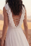 V-Neck A Line Ivory Maxi Ruffled Beach Wedding Dress with Slit