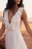 V-Neck A Line Ivory Maxi Ruffled Beach Wedding Dress with Slit
