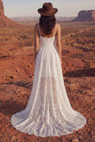 A Line Spaghetti Straps Ivory Floral Lace High Low Boho Wedding Dress