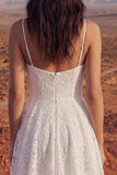 A Line Spaghetti Straps Ivory Floral Lace High Low Boho Wedding Dress