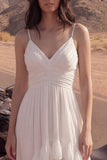 Ivory Spaghetti Straps A Line High-Low Beach Wedding Dress with Ruffles