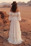 Off The Shoulder Maxi A Line Ivory Beach Wedding Dress with Ruffles