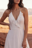 Halter Ivory A Line Ruffled Long Boho Wedding Dress with Slit