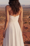 Simple Ivory Strapless A Line Long Beach Wedding Dress with Slit