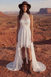 Floral Ivory A Line High Low Lace Boho Wedding Dress