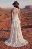 Floral Ivory A Line High Low Lace Boho Wedding Dress
