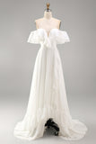 Ivory Off the Shoulder A Line Maxi Beach Wedding Dress with Ruffles