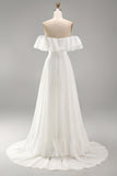 Ivory Off the Shoulder A Line Maxi Beach Wedding Dress with Ruffles