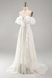 Ivory Off the Shoulder A Line Maxi Beach Wedding Dress with Ruffles