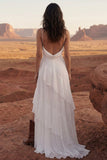 Ivory A Line Long Spaghetti Straps Beach Wedding Dress with Ruffles