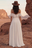 Simple Ivory Off the Shoulder Long Beach Wedding Dress with Slit