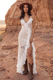 Ivory Floral Sheath Long Boho Wedding Dress with Ruffles