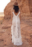 Ivory Floral Sheath Long Boho Wedding Dress with Ruffles