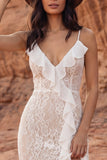 Ivory Floral Sheath Long Boho Wedding Dress with Ruffles