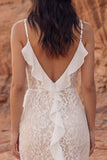 Ivory Floral Sheath Long Boho Wedding Dress with Ruffles