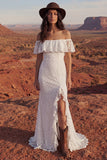 Floral Ivory Mermaid Long Boho Wedding Dress with Ruffles