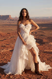 Ivory Strapless A Line Maxi Beach Wedding Dress with Ruffles