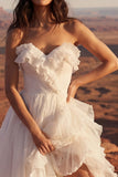 Ivory Strapless A Line Maxi Beach Wedding Dress with Ruffles