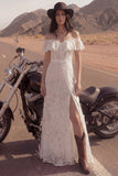 Floral Ivory Sheath Long Boho Wedding Dress with Slit
