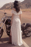 Floral Ivory Sheath Long Boho Wedding Dress with Slit