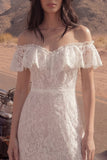 Floral Ivory Sheath Long Boho Wedding Dress with Slit