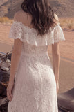 Floral Ivory Sheath Long Boho Wedding Dress with Slit