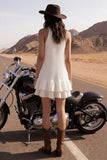 Simple Ivory Tiered High Neck Short Wedding Dress with Ruffles