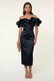 Black Satin Off the Shoulder Sheath Ruffled Evening Dress with Slit