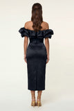 Black Satin Off the Shoulder Sheath Ruffled Evening Dress with Slit