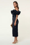 Black Satin Off the Shoulder Sheath Ruffled Evening Dress with Slit