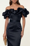 Black Satin Off the Shoulder Sheath Ruffled Evening Dress with Slit