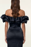 Black Satin Off the Shoulder Sheath Ruffled Evening Dress with Slit