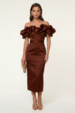 Black Satin Off the Shoulder Sheath Ruffled Evening Dress with Slit