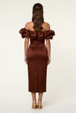 Black Satin Off the Shoulder Sheath Ruffled Evening Dress with Slit